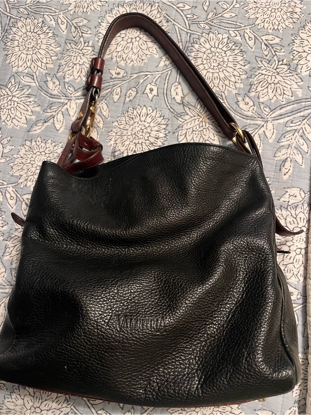 Valentino Black Pebbled Leather Shoulder Bag with Brown Strap